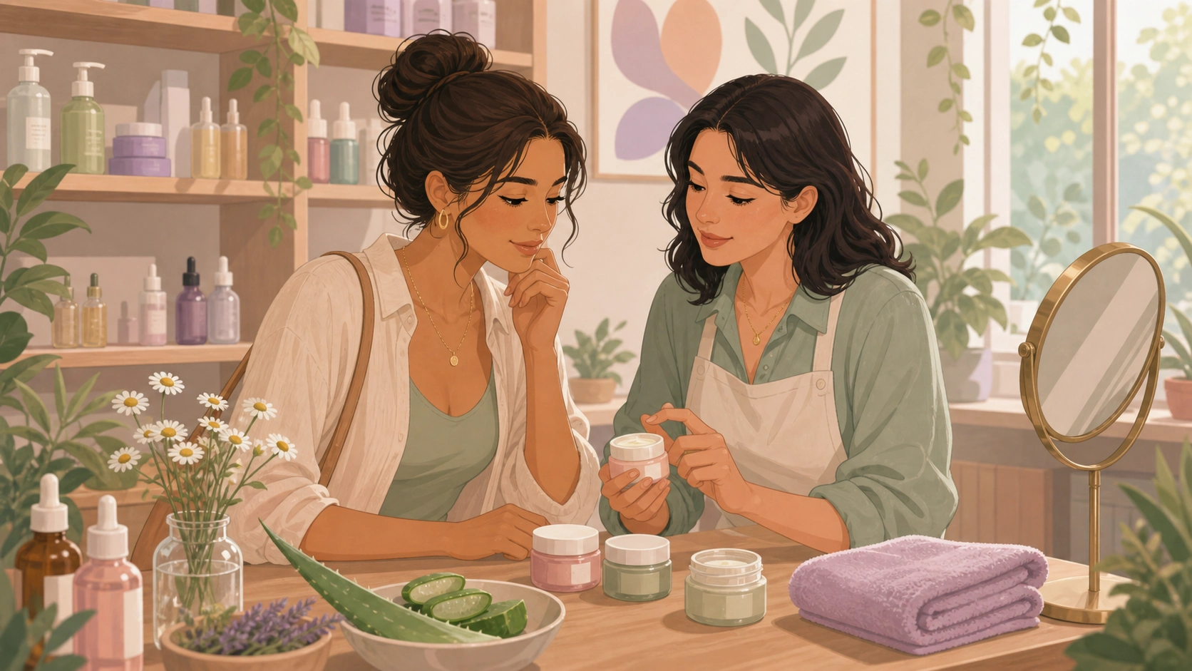 A woman learning cycle-related skin care in a botanical skincare shop