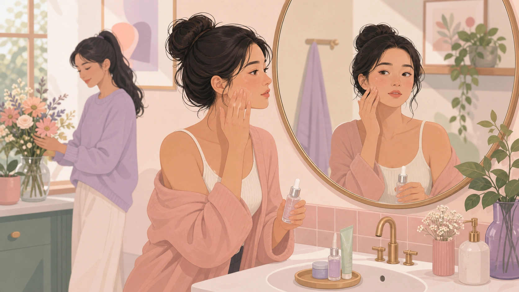 A woman noticing period acne and skin changes in a skincare studio