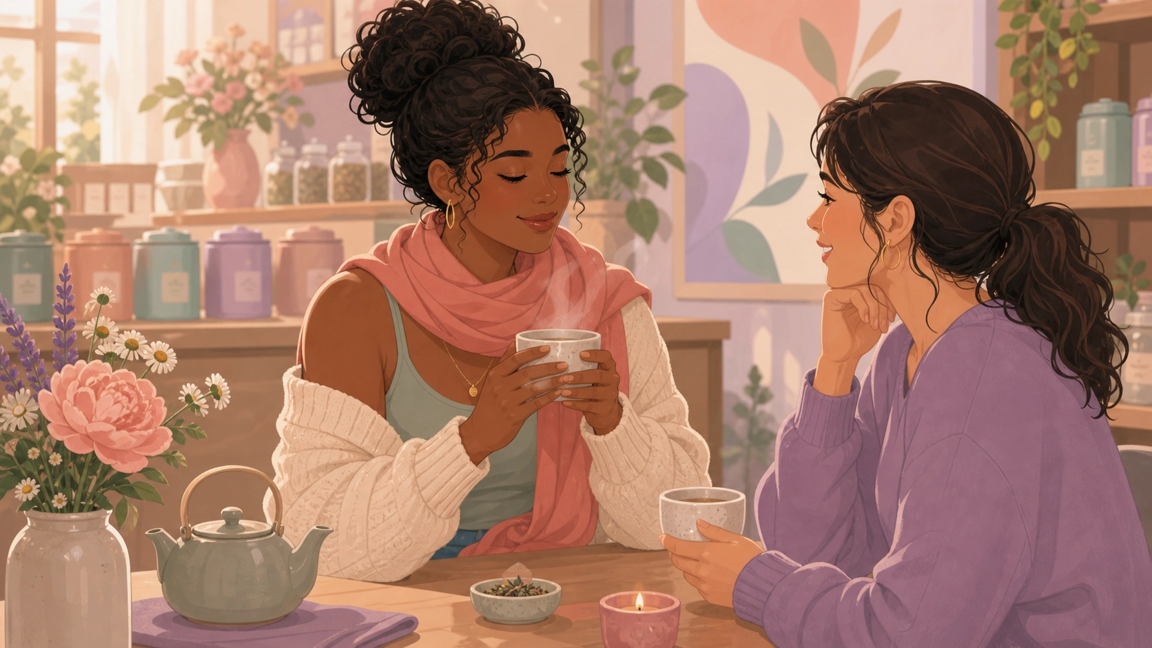Women using gentle self-care for premenstrual breast tenderness in a tea shop
