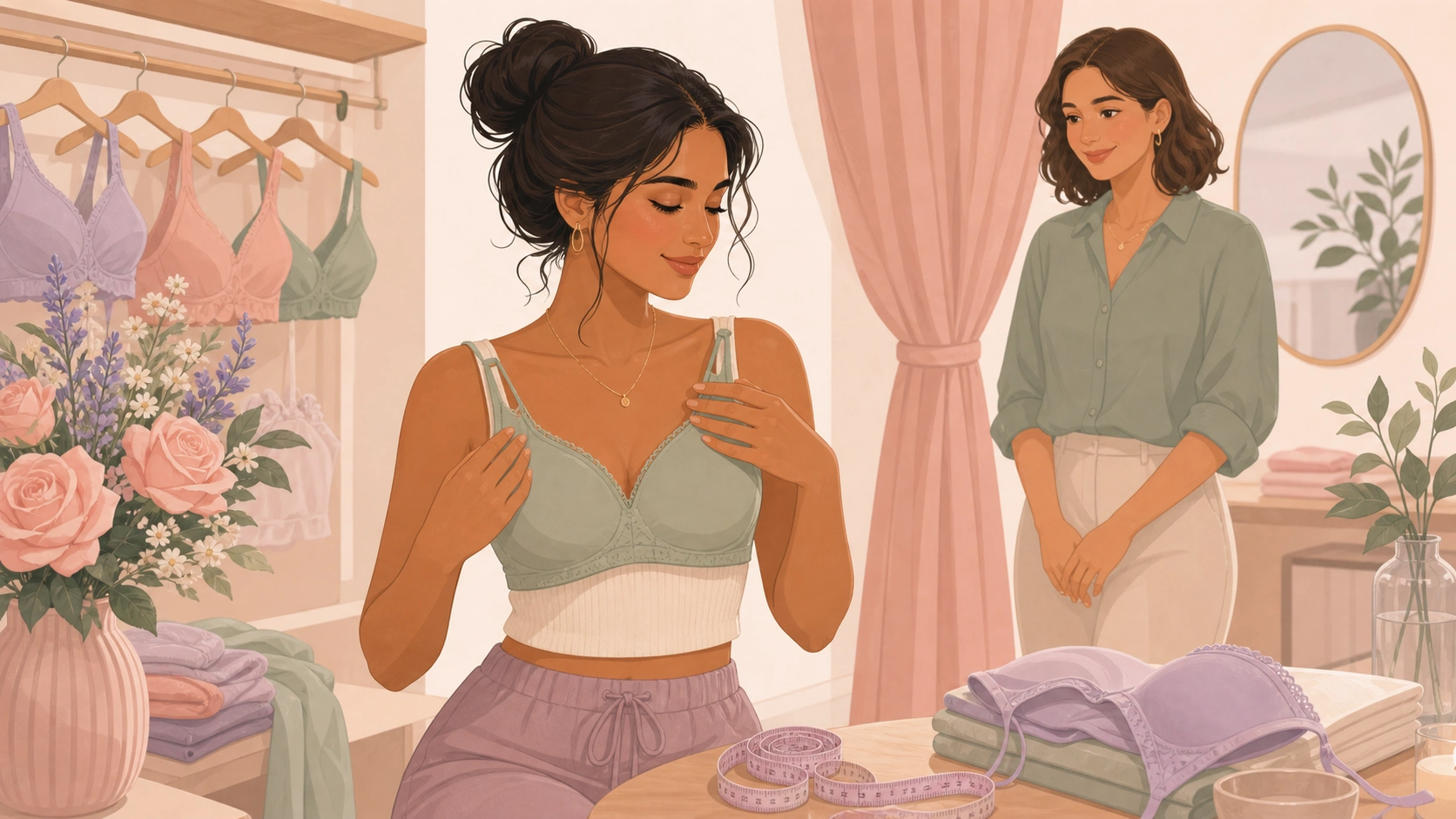 A woman understanding premenstrual breast tenderness in a fitting room