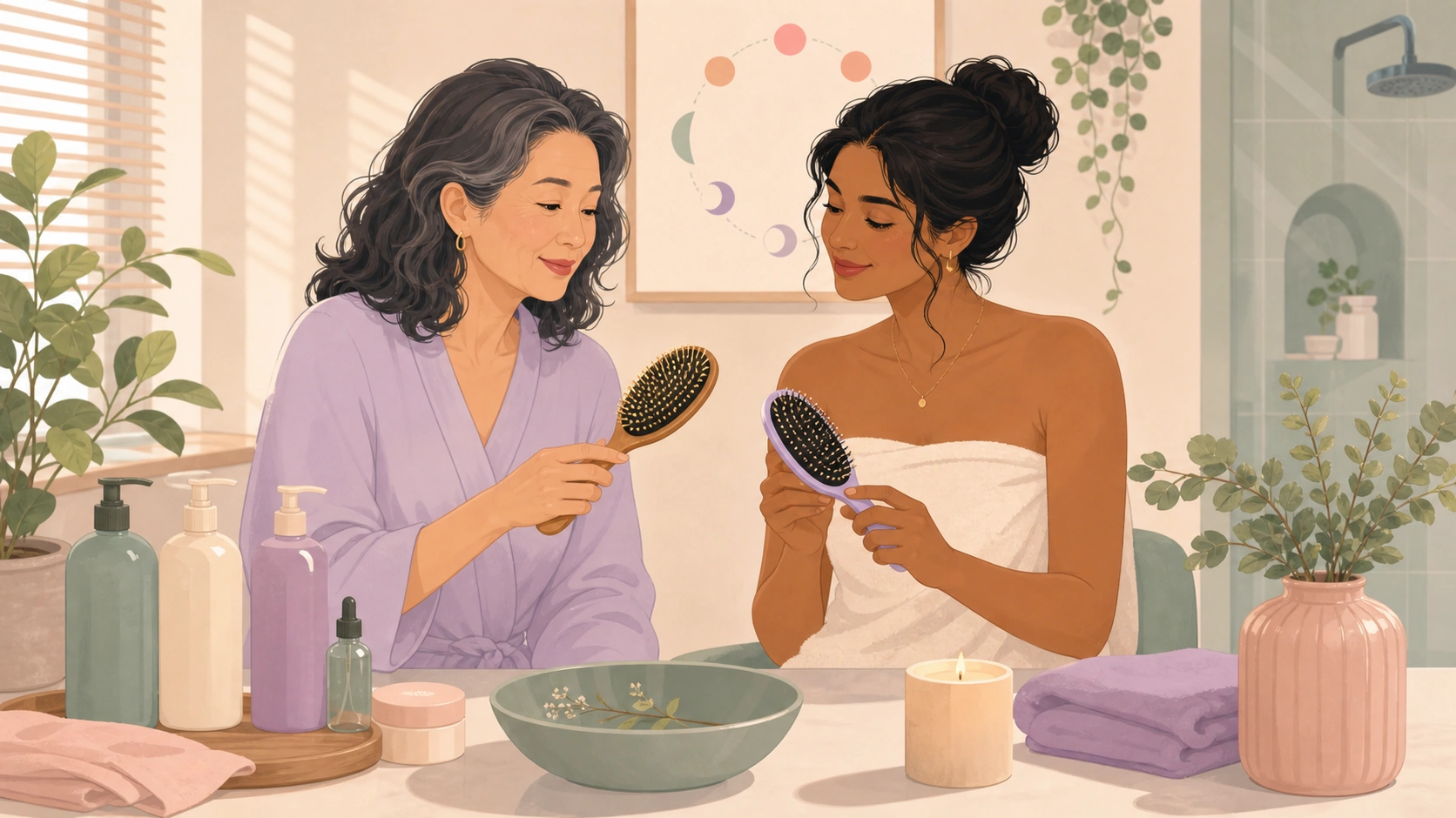 Women building gentle hair-care routines at a sunny vanity