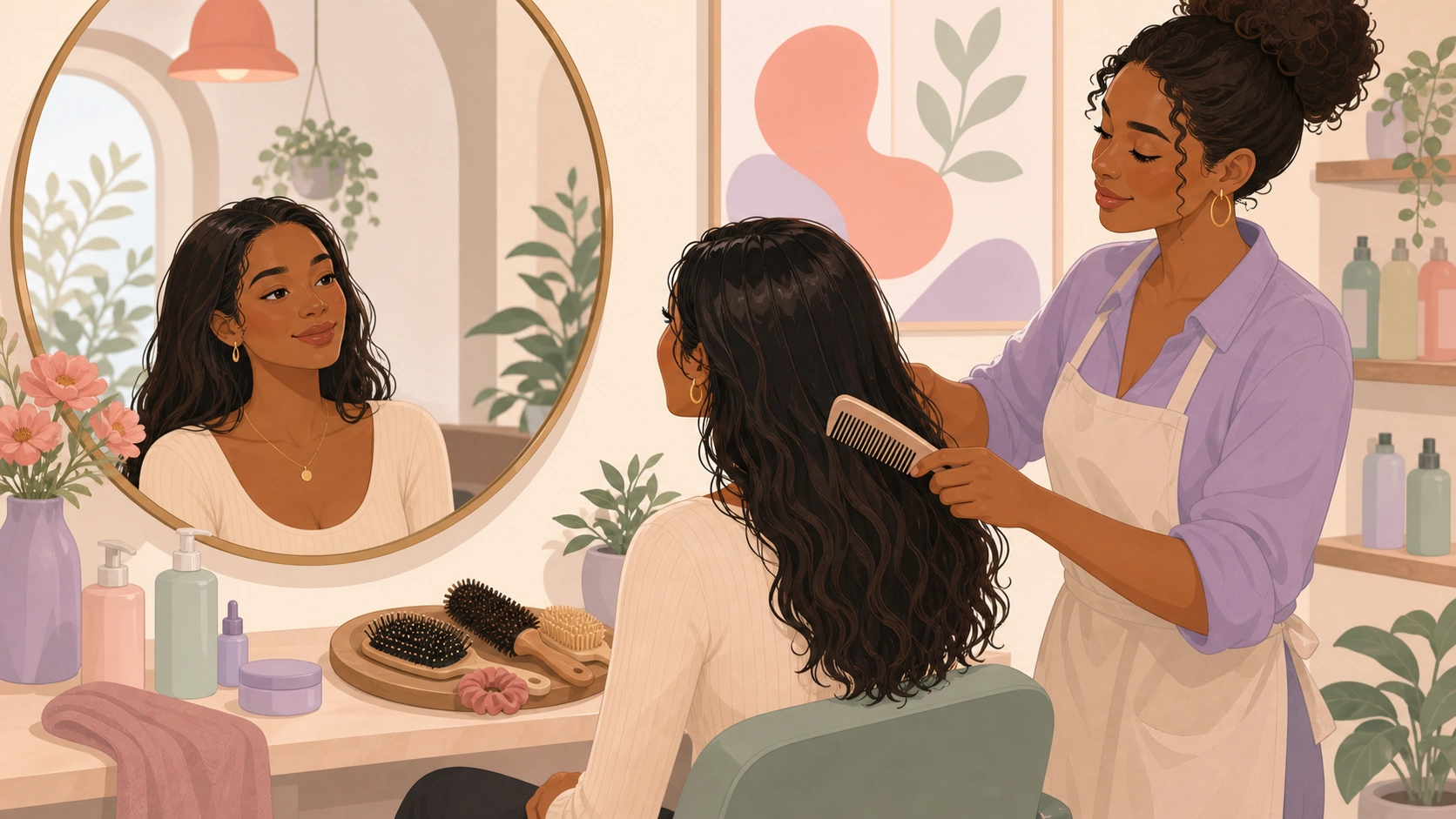 A woman understanding oily hair, shedding, and cycle changes in a hair salon