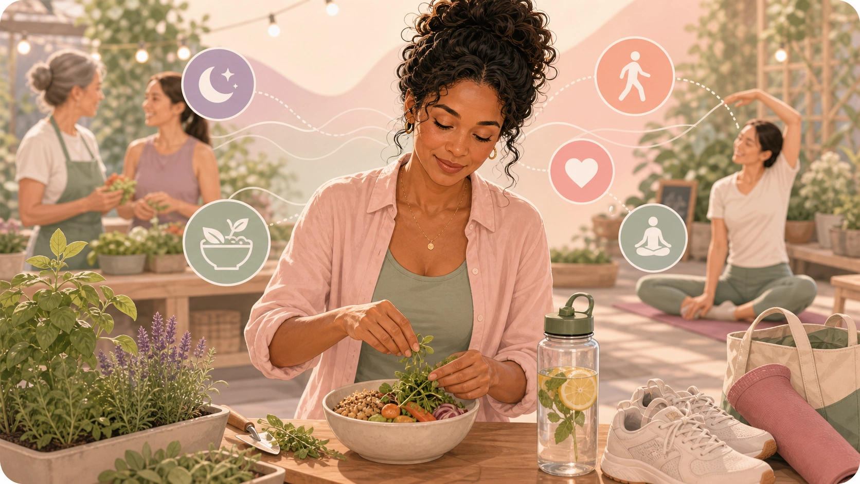 A woman preparing a nourishing bowl in a community kitchen garden