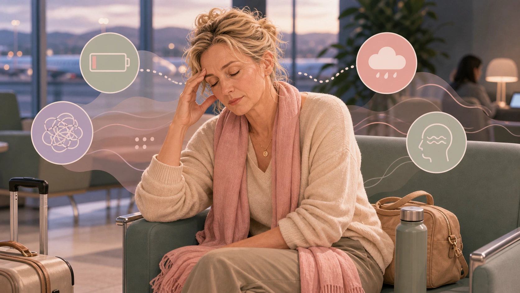 A mature woman noticing low recovery in a quiet transit corner