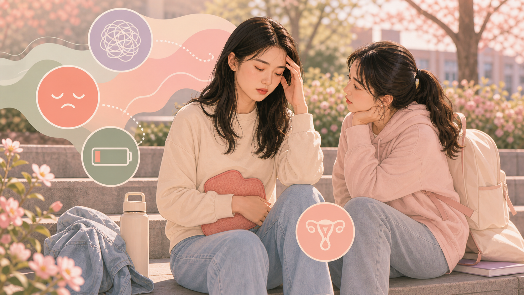 两位女性在校园花园里识别低身体状态信号的插图