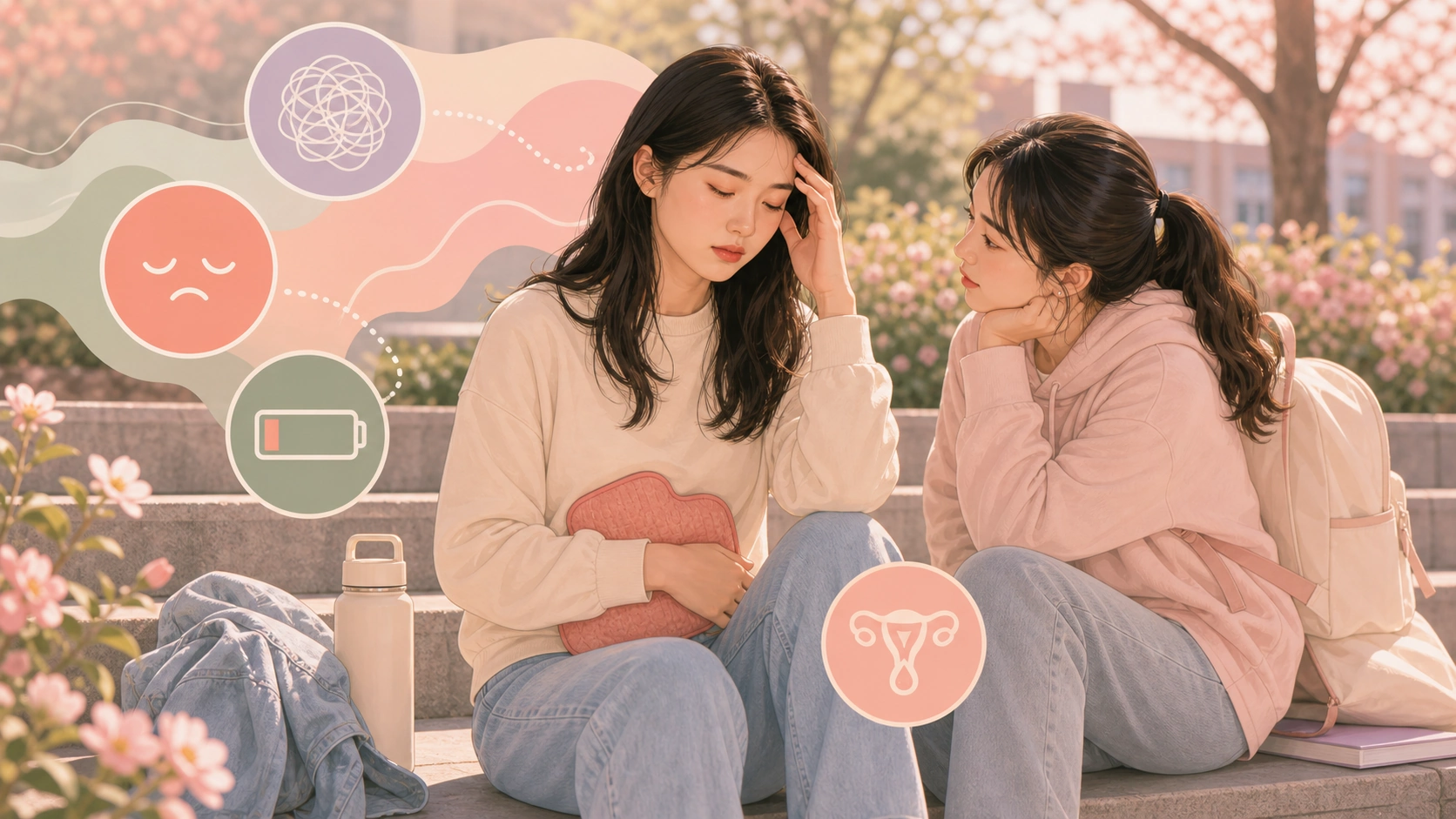 Two women recognizing low recovery signals in a campus garden