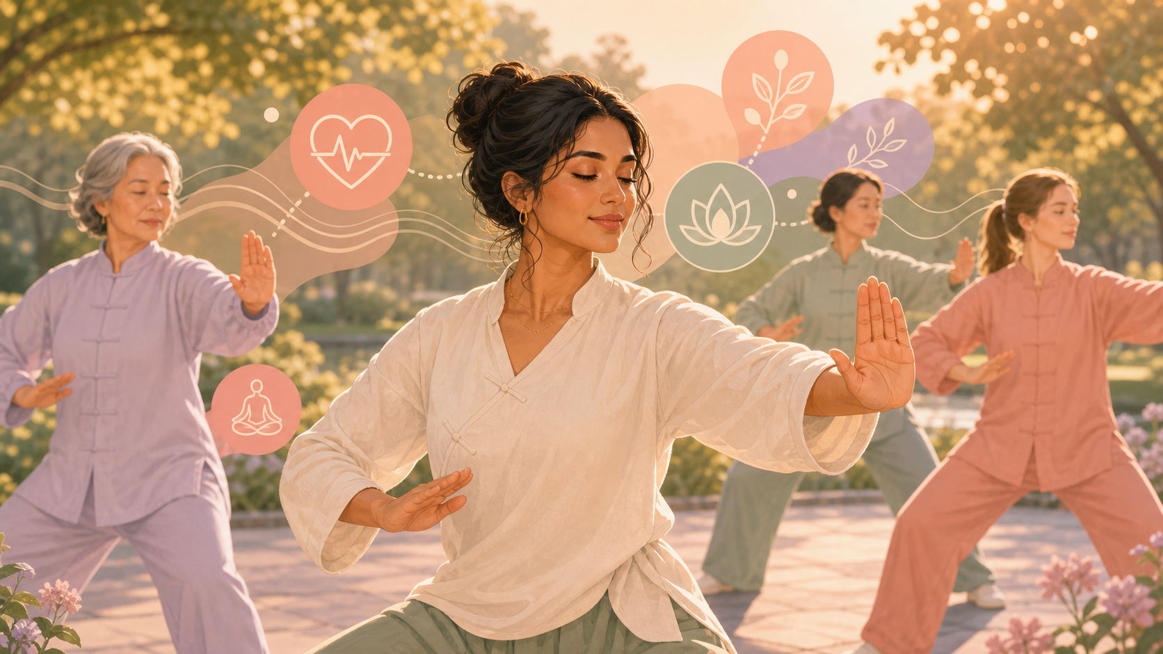 A woman sensing body state during a morning outdoor practice
