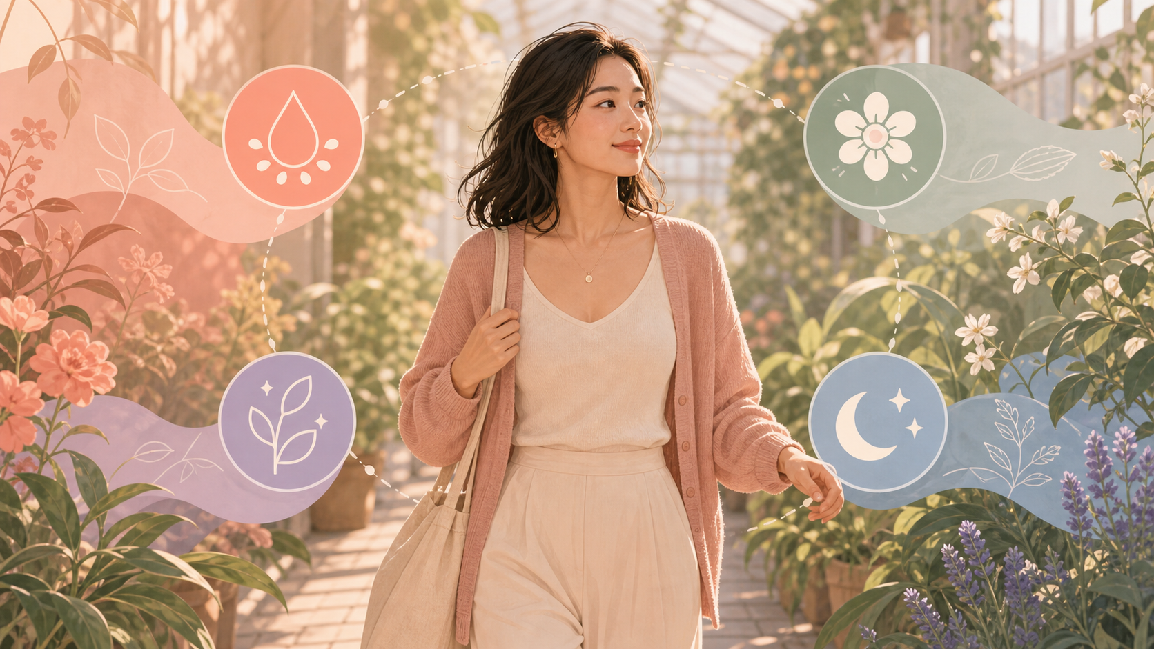 A woman in a greenhouse sensing menstrual cycle rhythm