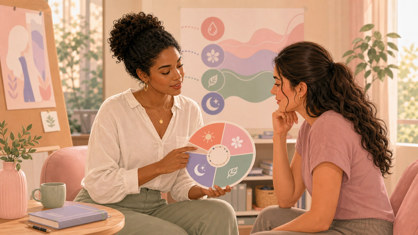 Two women learning the four menstrual cycle stages in a community studio