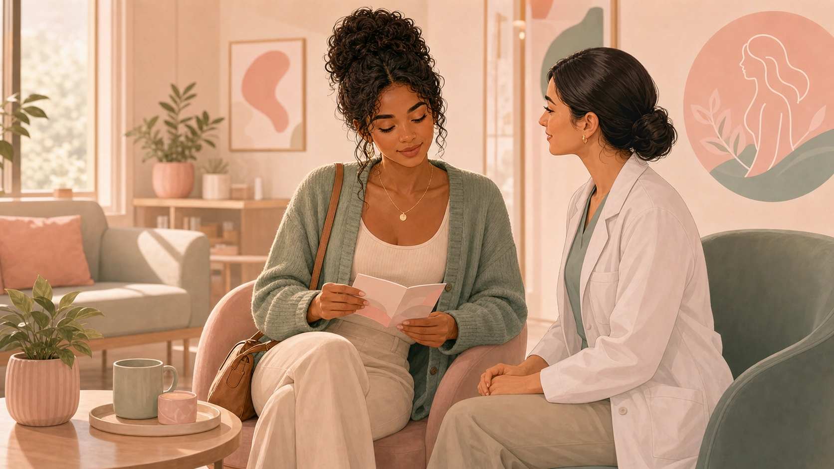 A woman talking calmly with a clinician in a clinic lounge