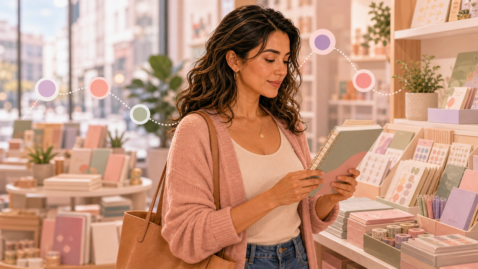 A woman reviewing cycle notes in a stationery shop