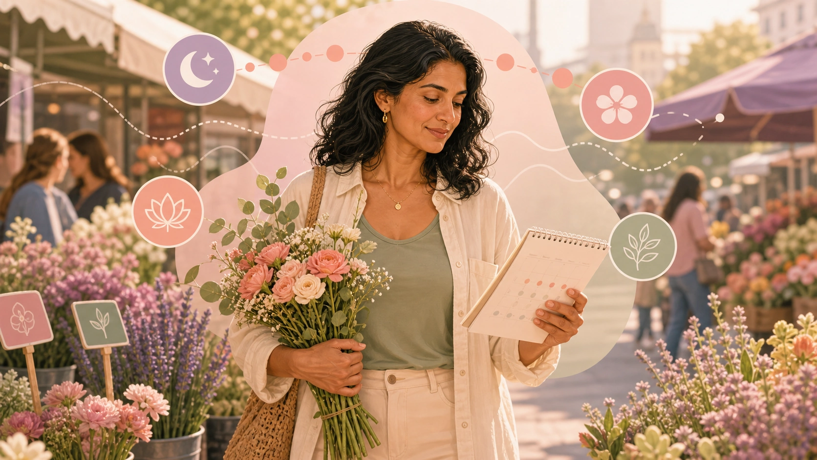 A woman reviewing cycle patterns at a flower market