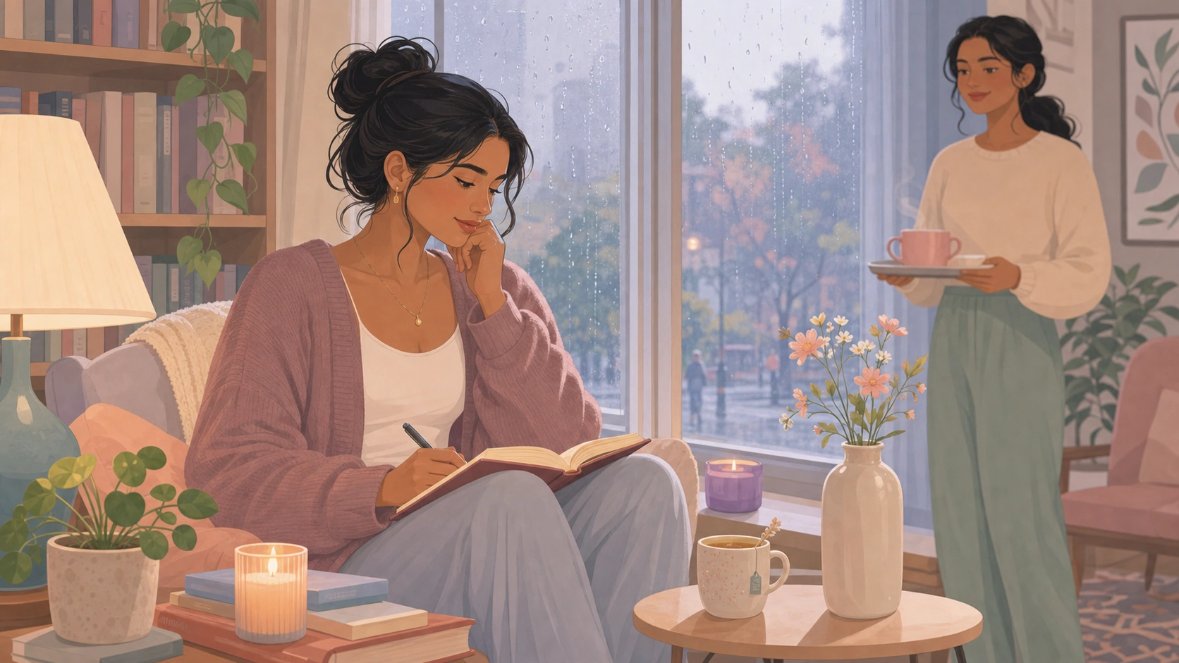 A woman noticing period-related low mood by a rainy library window