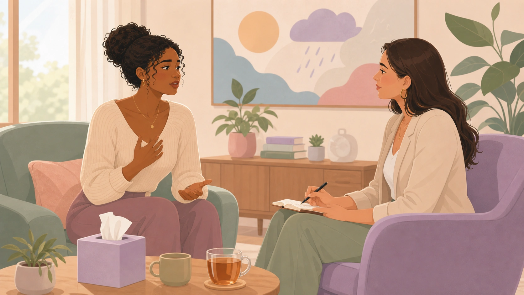 A woman receiving emotional support in a counseling room