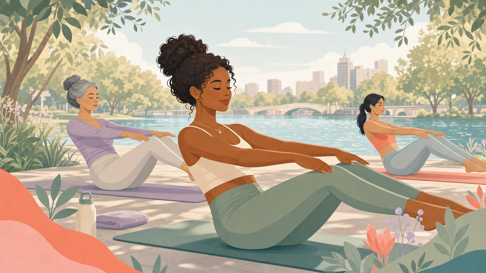 Women choosing gentle movement by recovery at a riverside Pilates class