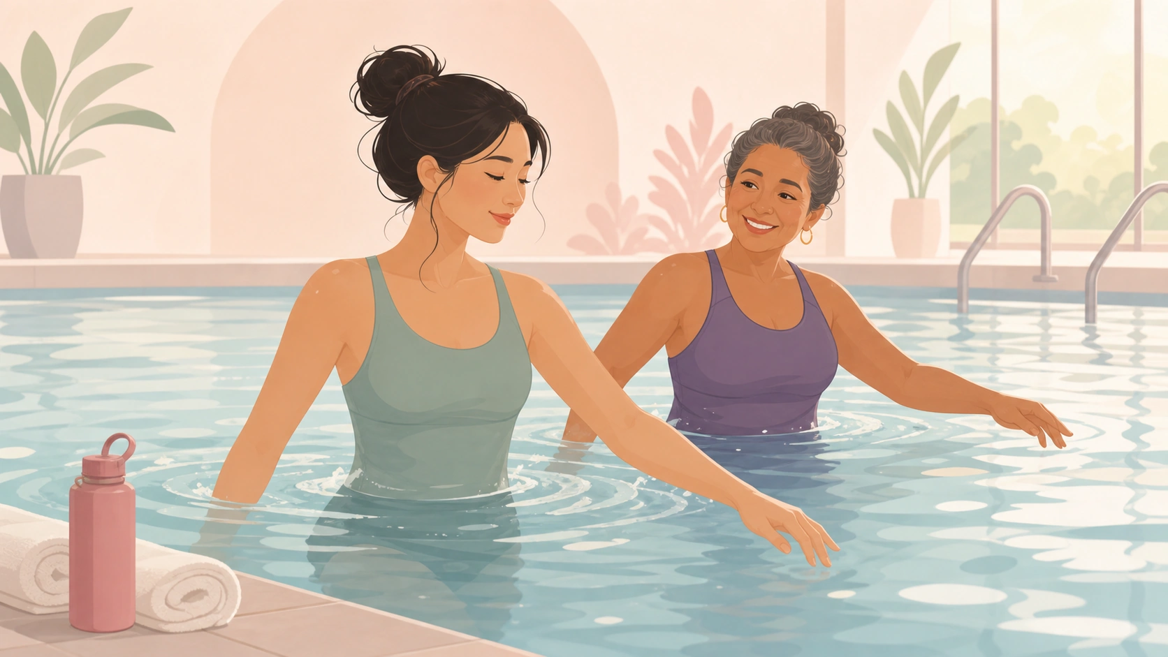 Women using gentle pool movement and rest to support recovery