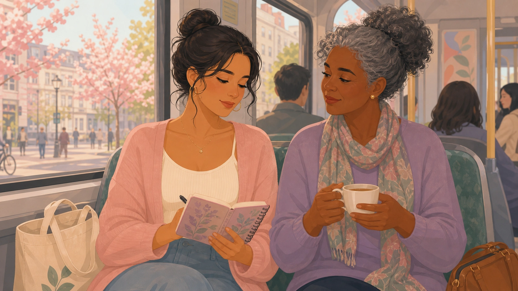 Two women gently discussing body changes on a tram