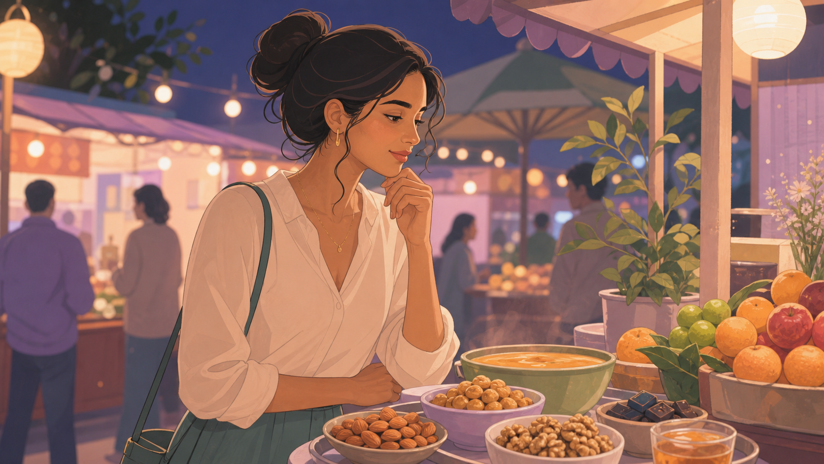 A woman understanding premenstrual appetite changes at a night food market