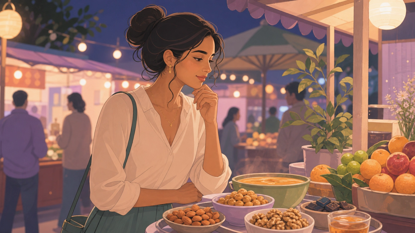A woman understanding premenstrual appetite changes at a night food market