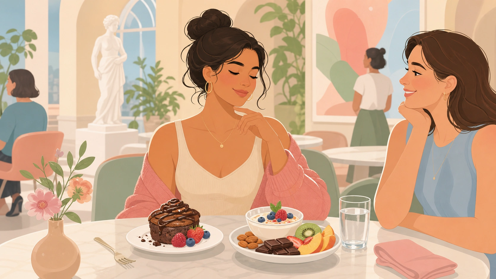 A woman responding gently to premenstrual cravings in a museum cafe