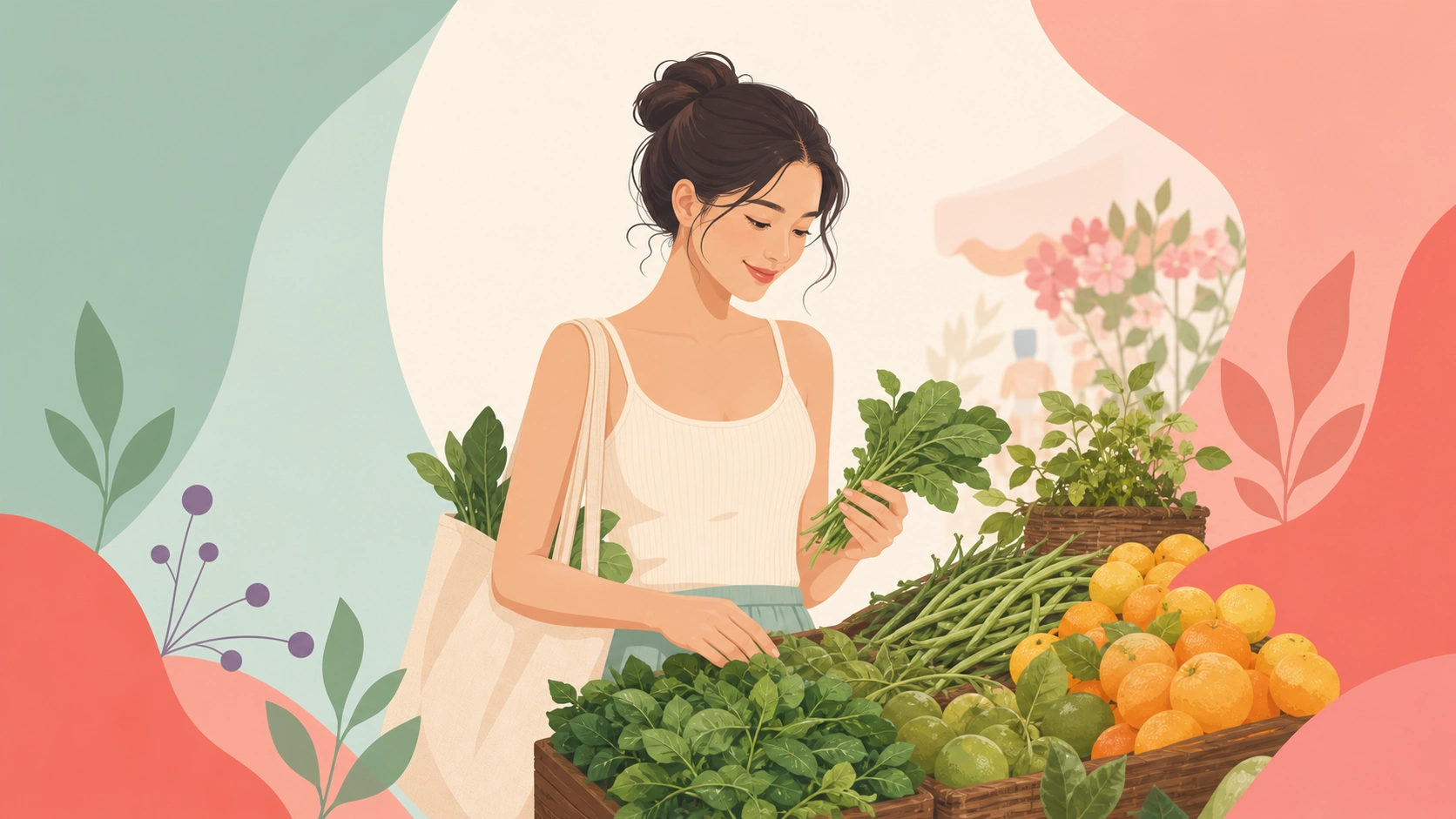 A woman choosing period-friendly ingredients at a farmers market