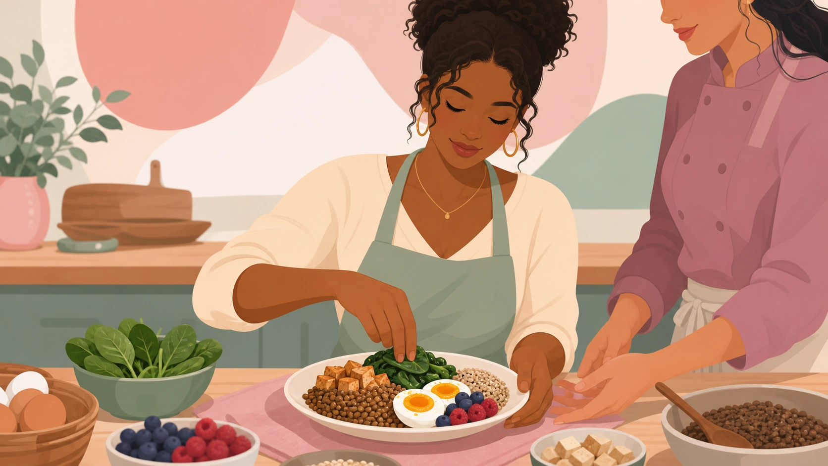 Women preparing iron, protein, and fiber-rich food in a cooking workshop