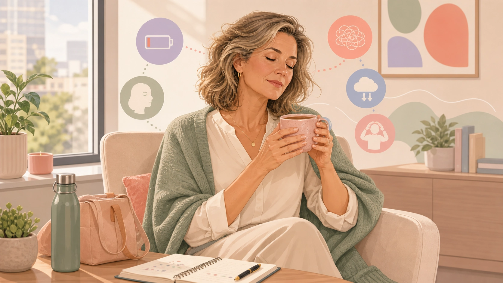 FlowHer article illustration: premenstrual fatigue and recovery