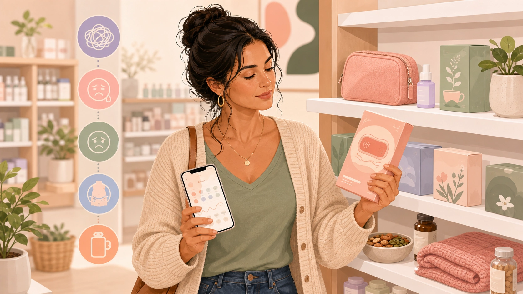 FlowHer article illustration: common PMS signs and body signals