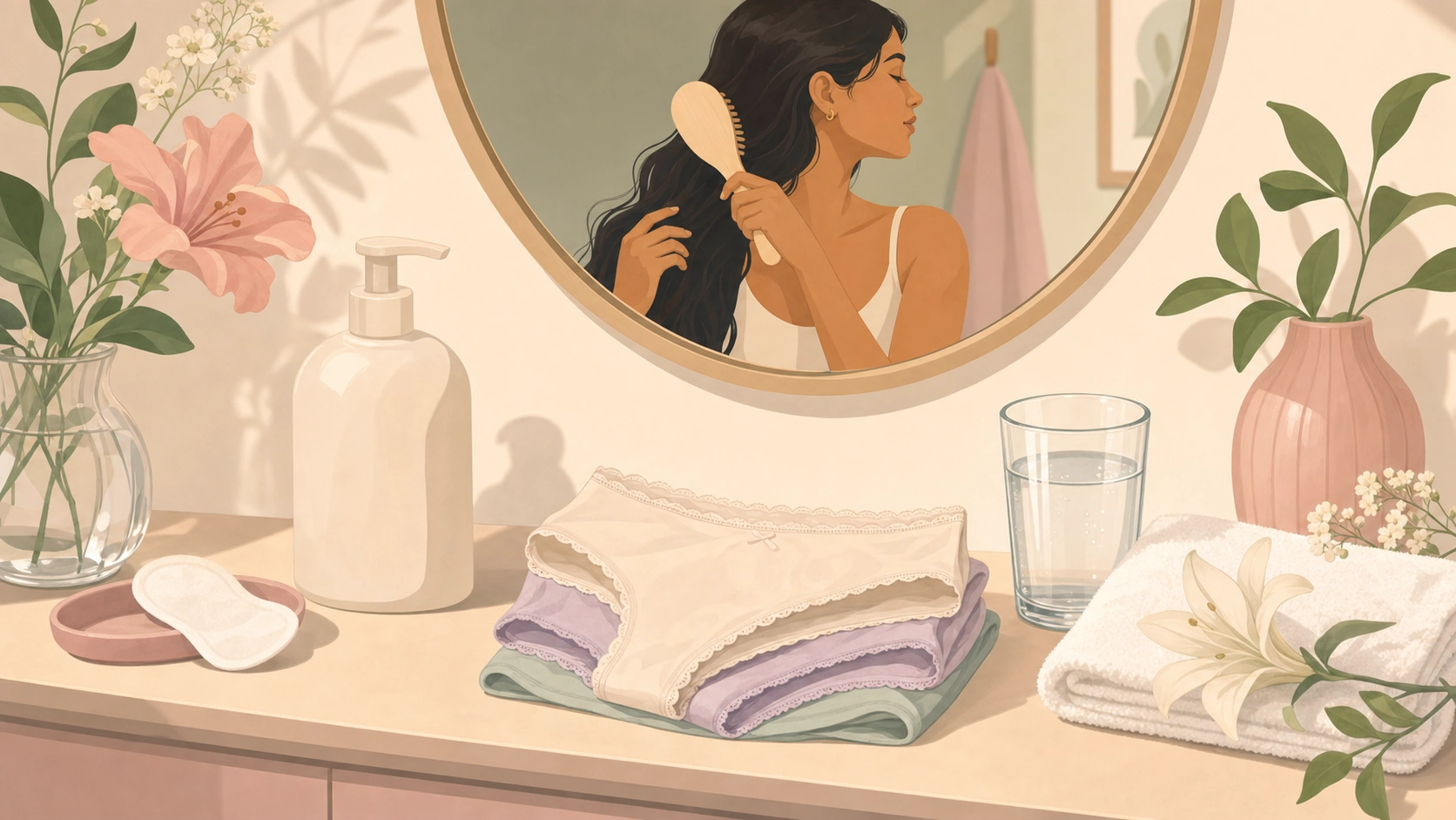 A sunlit bathroom vanity scene for gentle intimate care