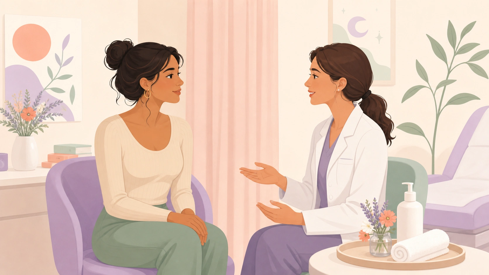 A woman calmly discussing discharge and intimate care in a gynecology clinic