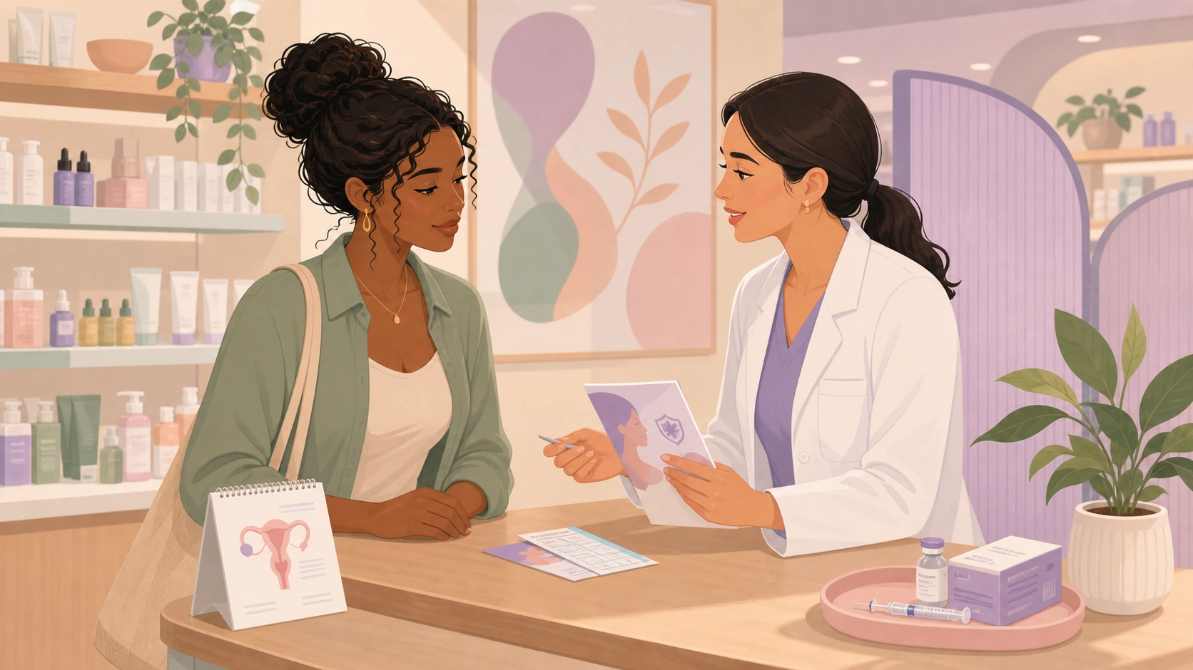 A woman consulting about HPV vaccination and cervical screening at a pharmacy