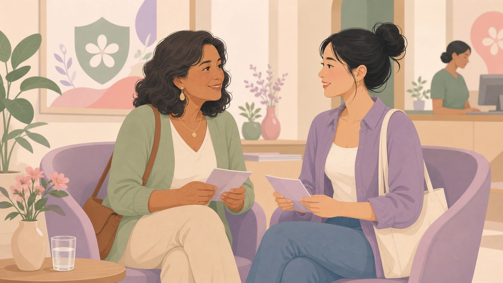 Women of different ages understanding cervical screening in a clinic waiting area