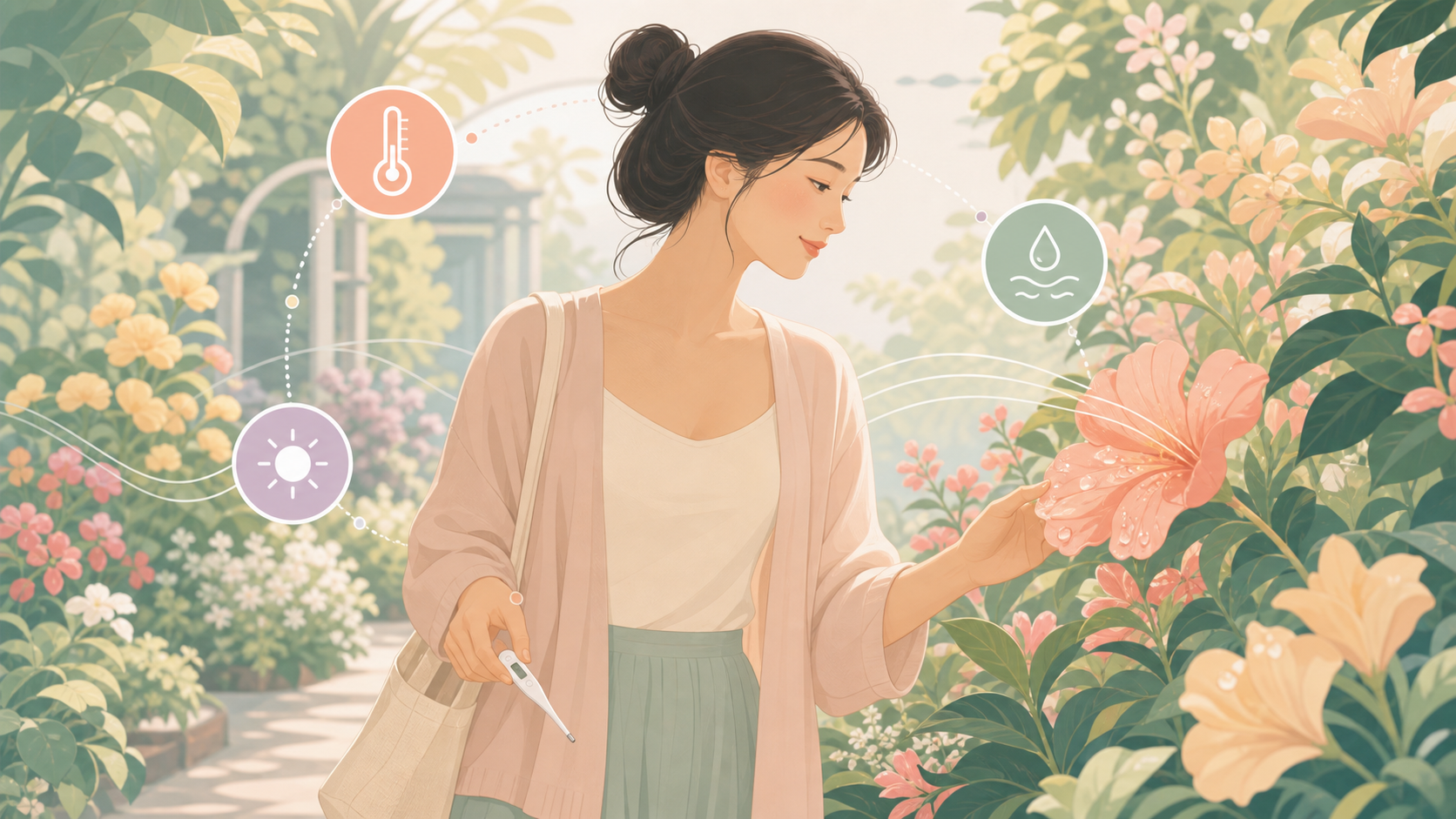 女性在植物园中观察排卵期身体信号的标题图