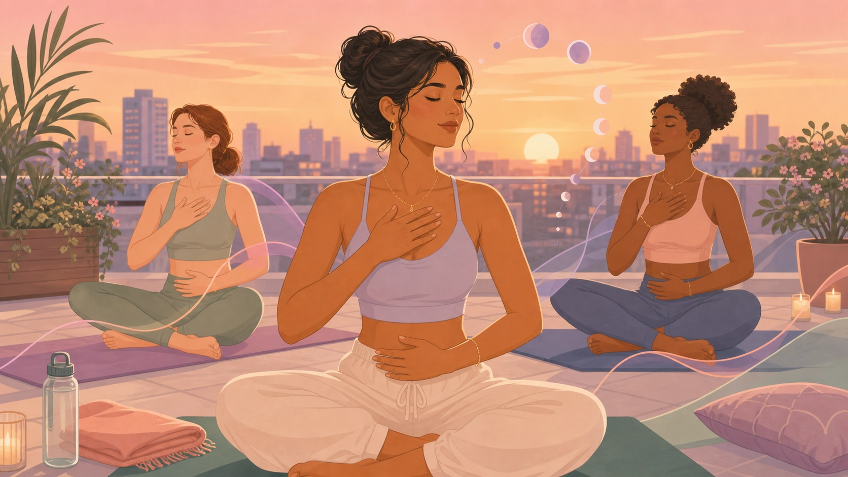 Women sensing body confidence and desire rhythm in a rooftop yoga class