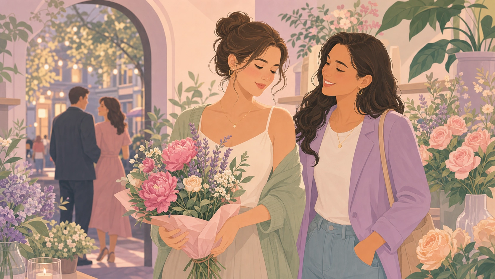 A woman gently understanding libido changes across the cycle in a flower shop