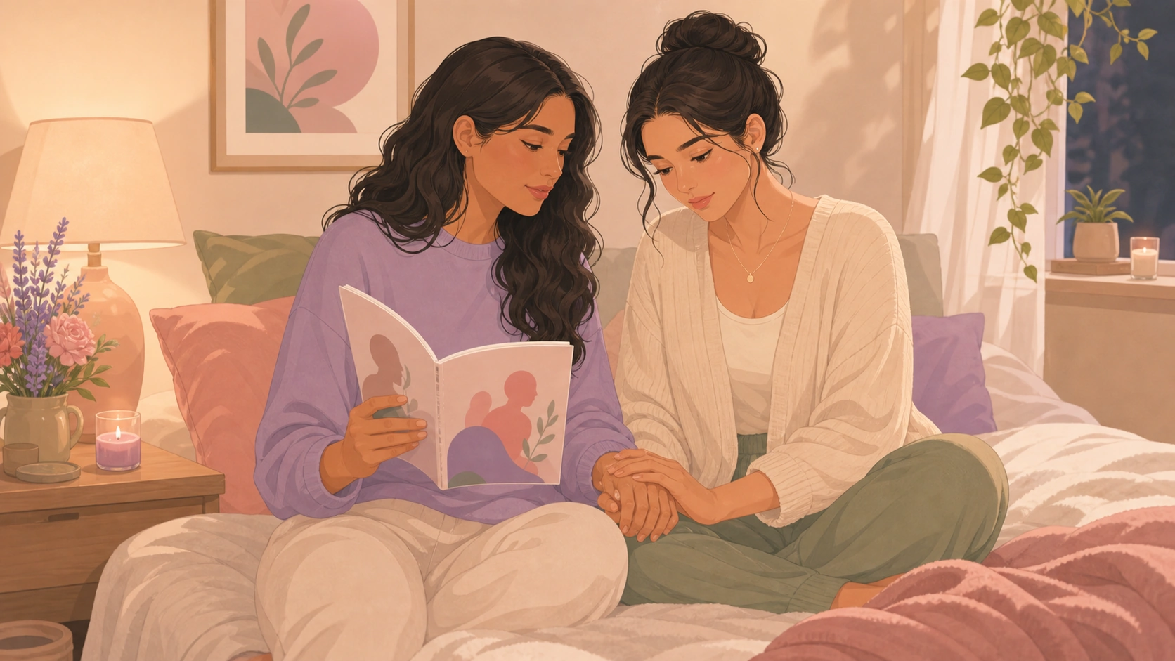 Two women gently communicating about discomfort and care support