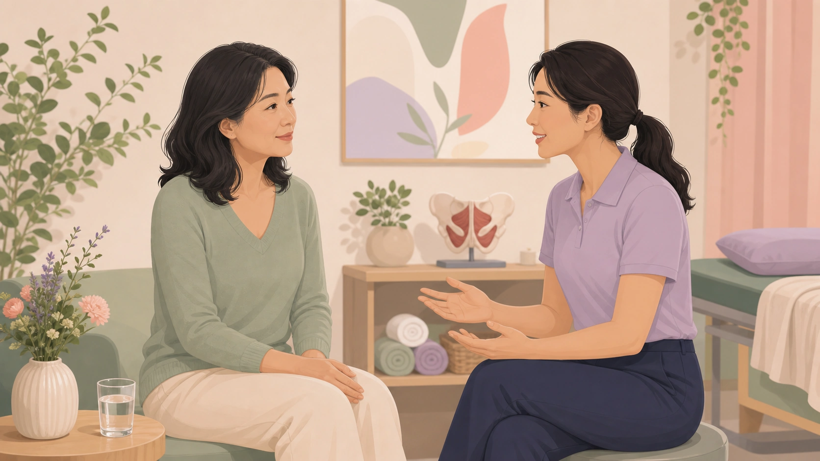 A woman discussing pain with sex and cycle discomfort in a therapy clinic