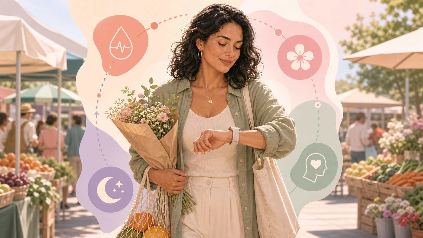 FlowHer article illustration: menstrual cycle and real-time stress metrics