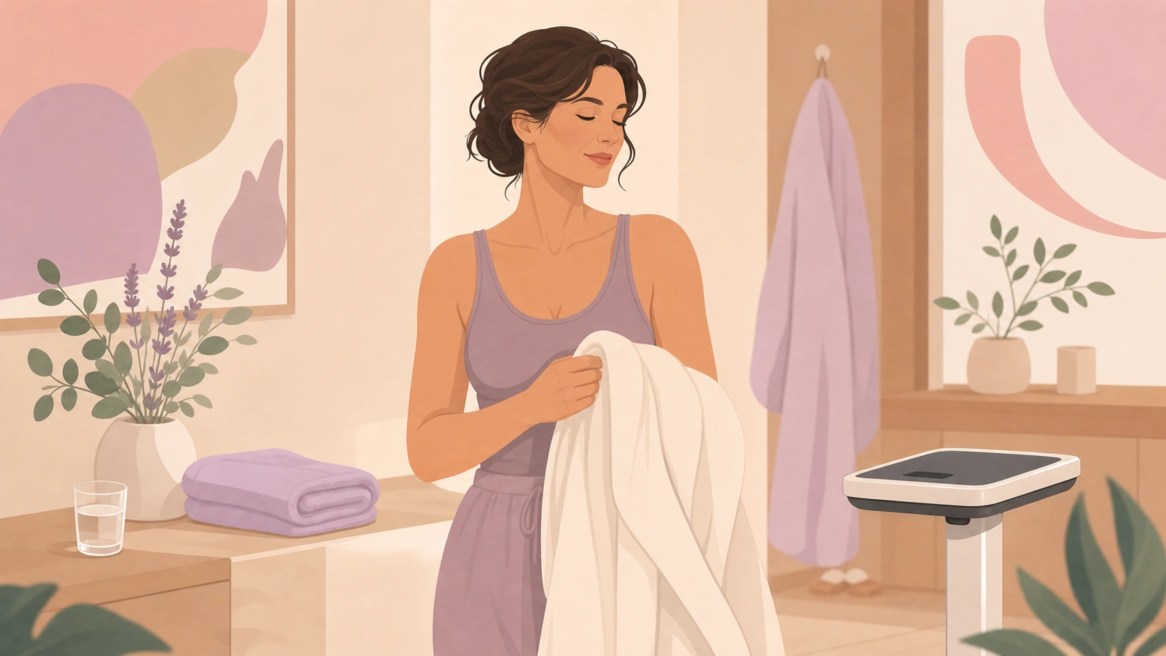 A woman calmly understanding period weight fluctuation in a spa changing room